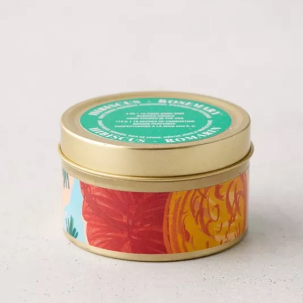 Urban Outfitters Gold Artist Print Tin 4 oz Candle In Hibiscus And Rosem…